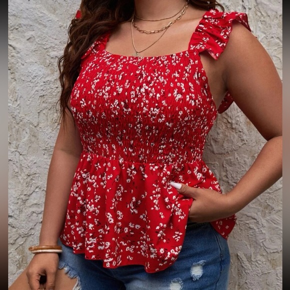 Plus Size Red Ruffle Smocked Tank Top Blouse - Picture 4 of 5